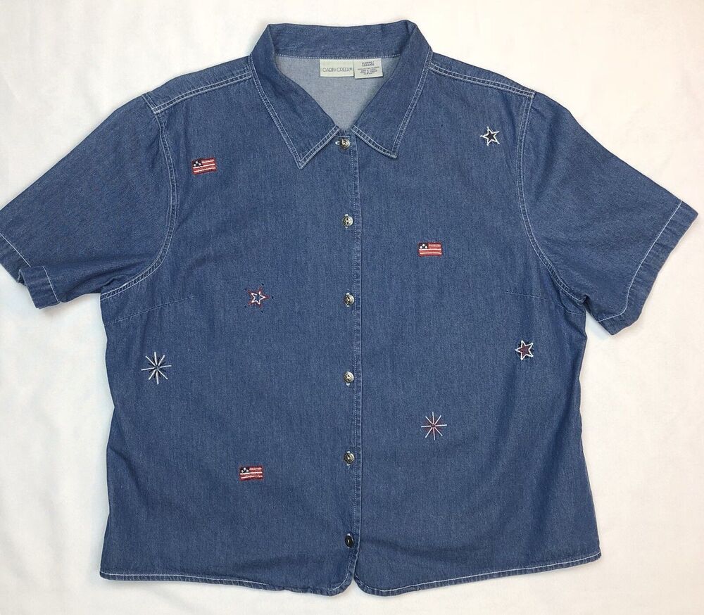 Cabin Creek Denim Shirt Women XL Top Flag Stars July 4th Cotton Jean Button